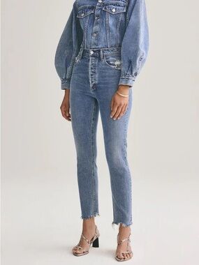 AGOLDE Nico Jeans 24 High Rise Slim Straight Crop Raw Hem Distressed Blue Denim
